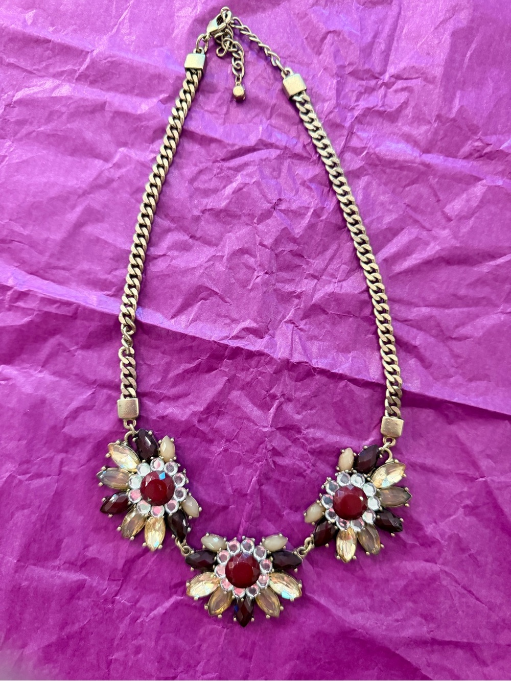 Gold-Tone Floral Statement Necklace with Red Gem Accents